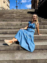 The Faye- Frill Neck Denim Maxi Dress